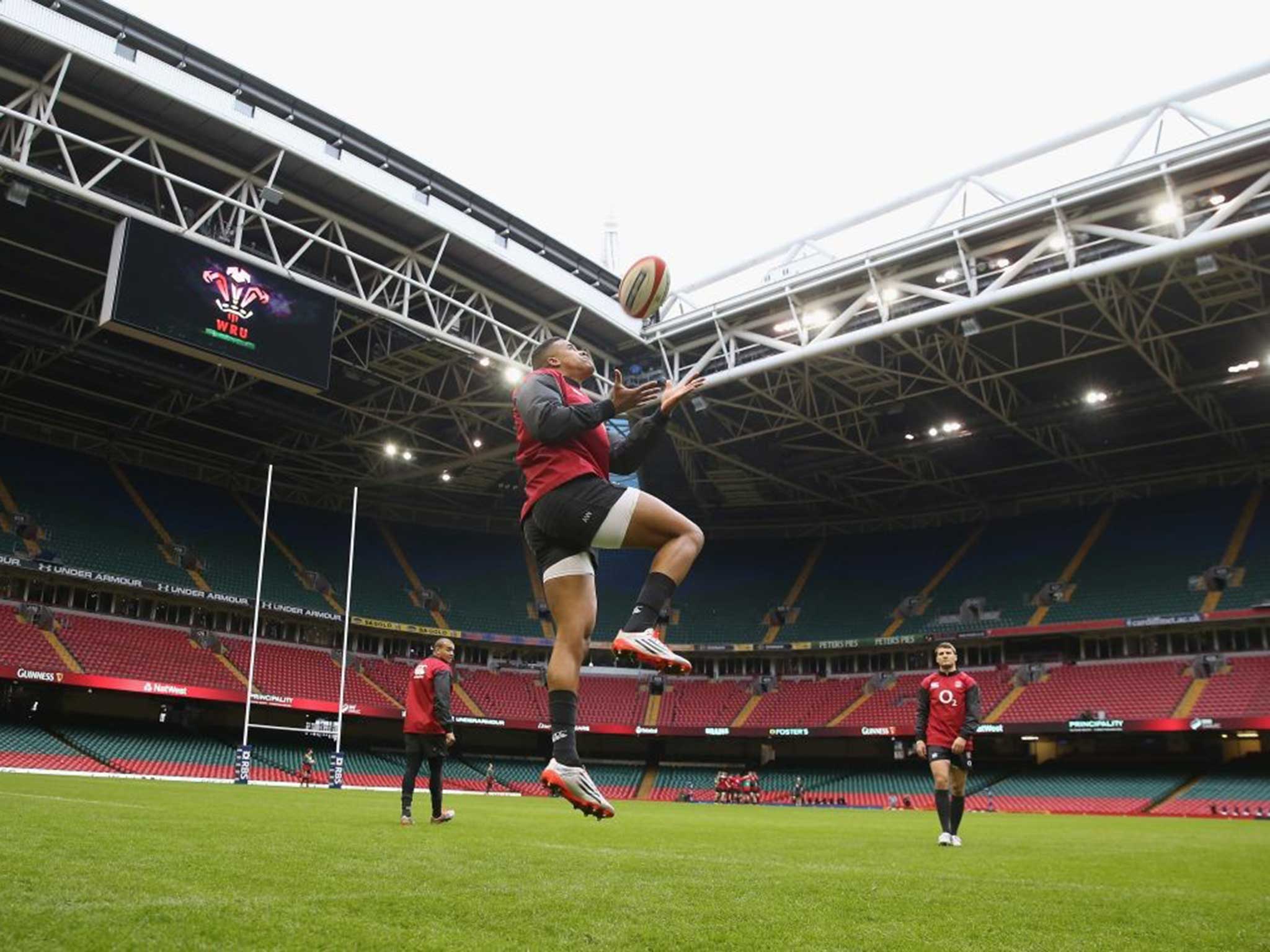 Anthony Watson catches the ball during the England captain’s run at the Millennium Stadium