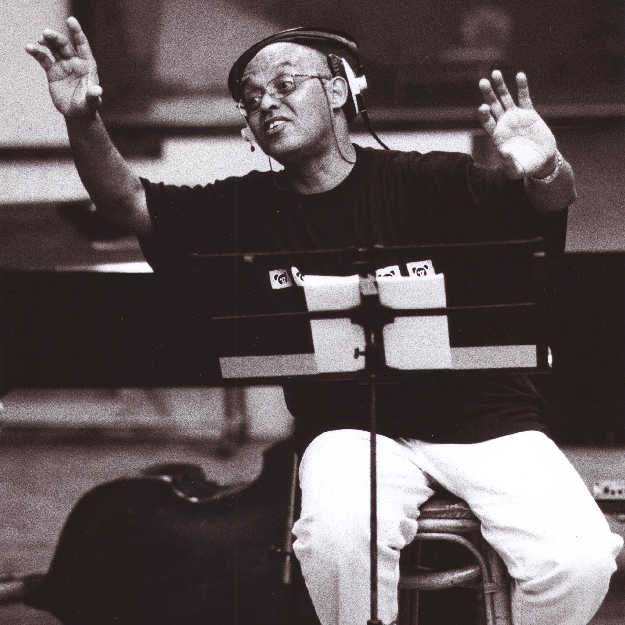 Demetrio Muniz at the Egrem Studio in Havana directing strings for the ‘Cachaito’album recording in 2001