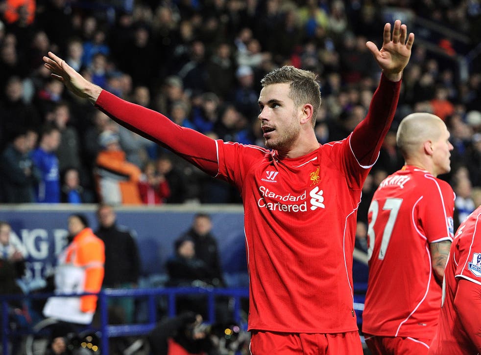 Jordan Henderson celebrates scoring against Leicester in December, but with only three goals this season admits, ‘That is an area of my game I have to improve’
