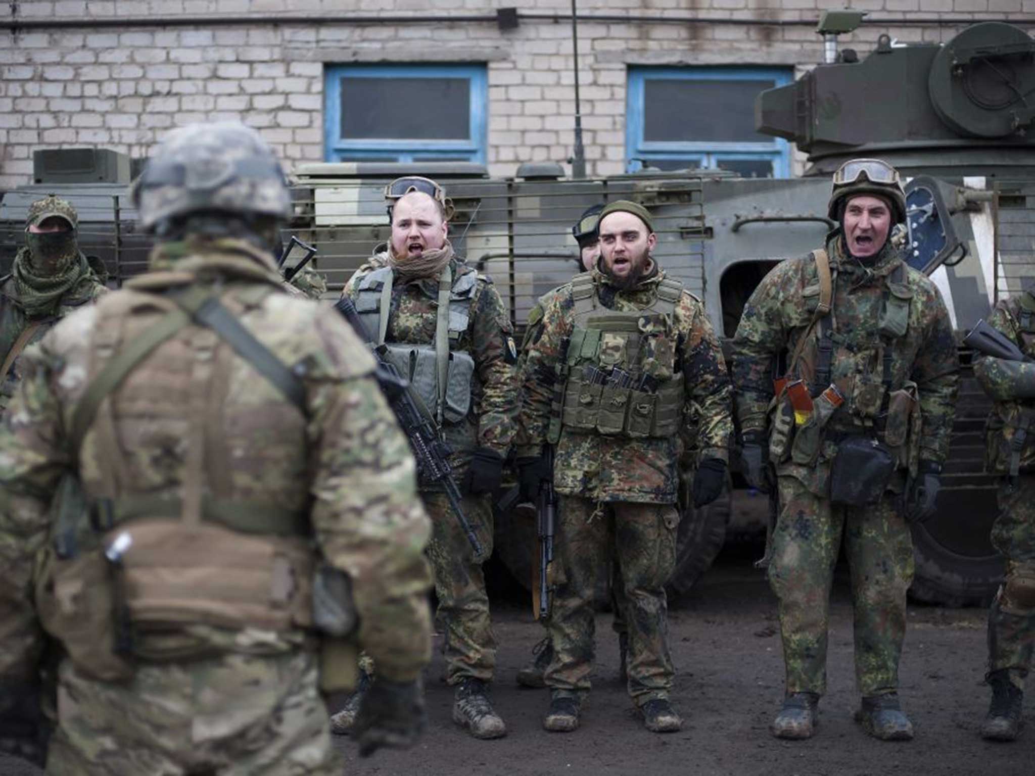 A battalion of Ukrainian volunteers during their military training in Azov near Mariupol, yesterday