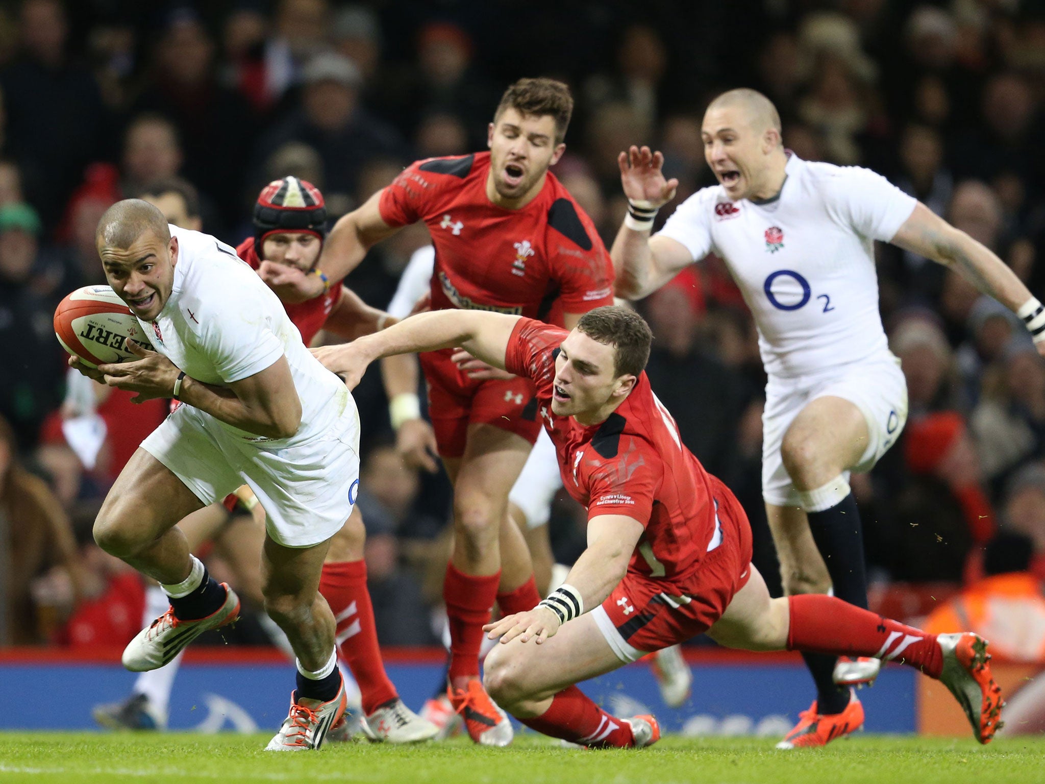 Jonathan Joseph scores England’s second try during their victory over Wales in the Six Nations opener at the Millennium Stadium in Cardiff