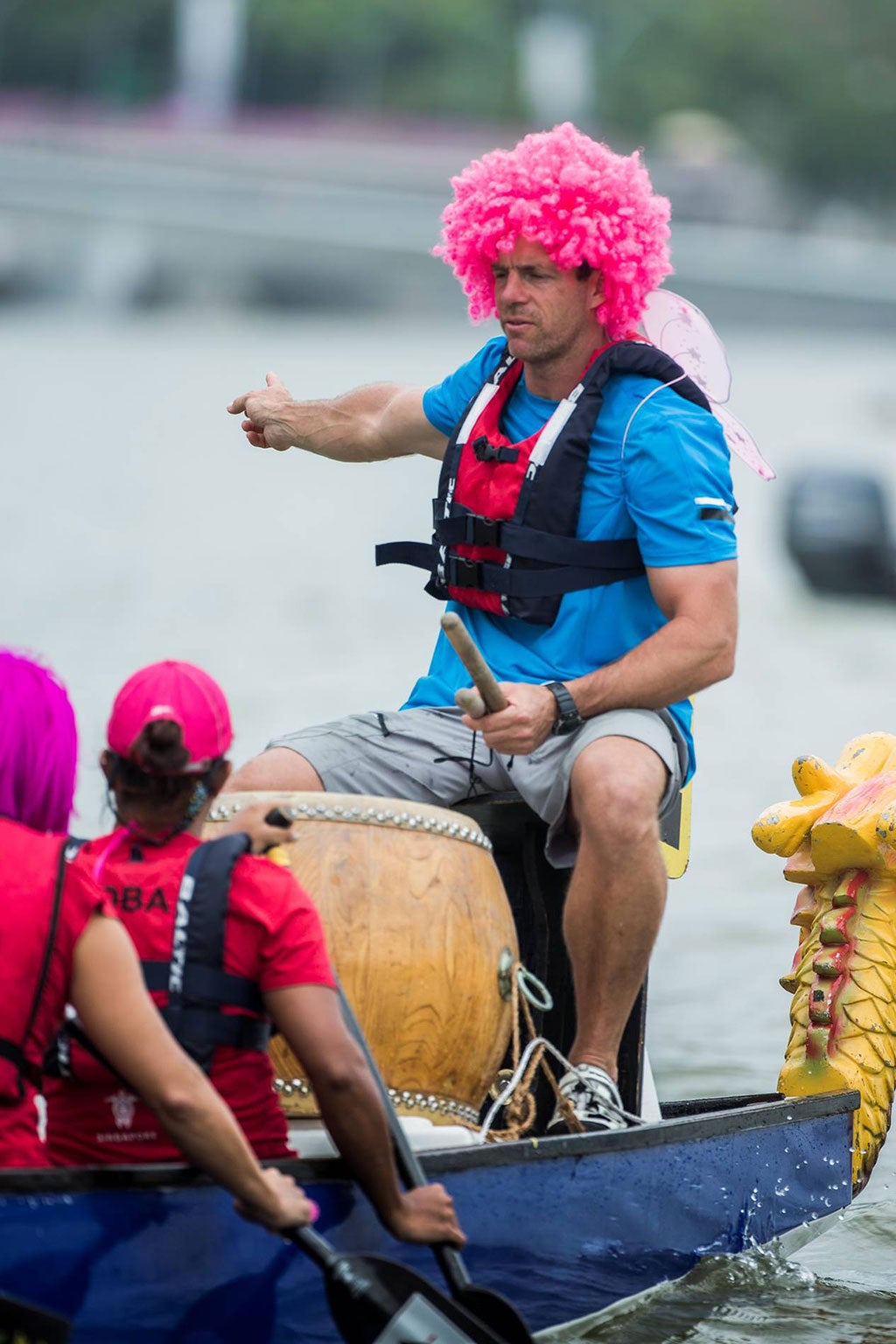 A bit of fun prior to the third day of the Extreme Sailing Series in Singapore saw some of the crews banging the drum for the dragon boat racers, including Pete Greenhalgh, long-standing right hand man to Leigh McMillan on The Wave, Muscat