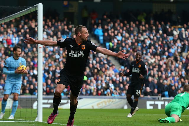 David Meylor scores to put Hull into the lead against Manchester City