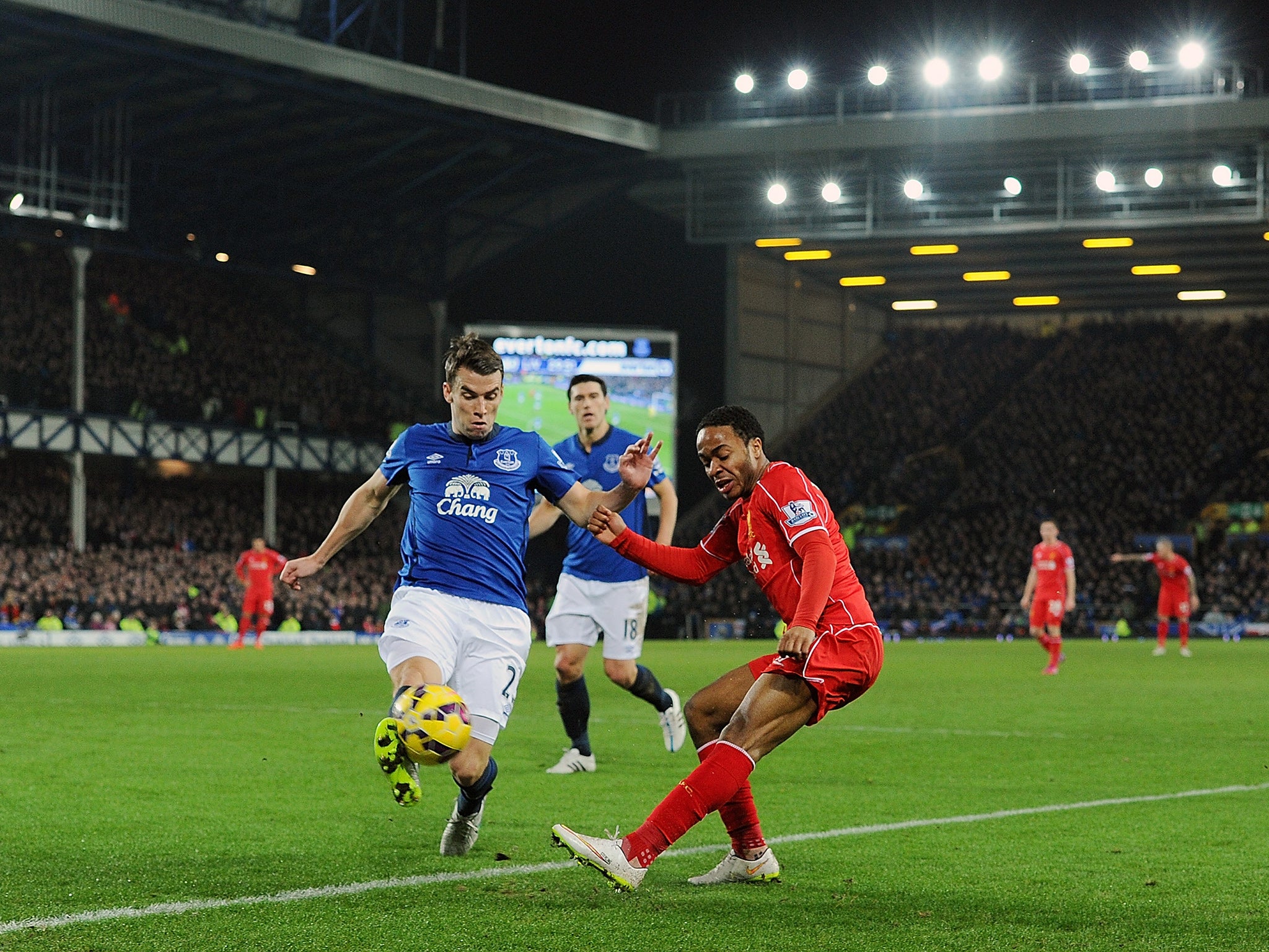 Raheem Sterling battles with Seamus Coleman