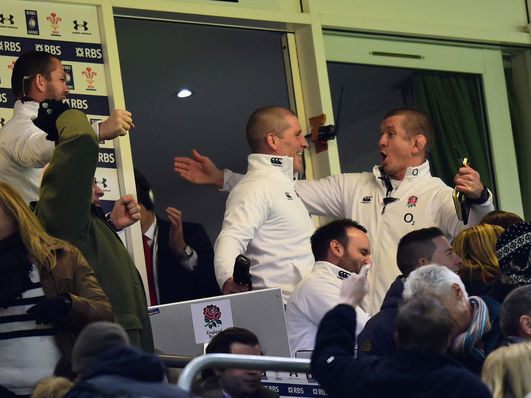 Stuart Lancaster was visibly ecstatic after the win in Cardiff