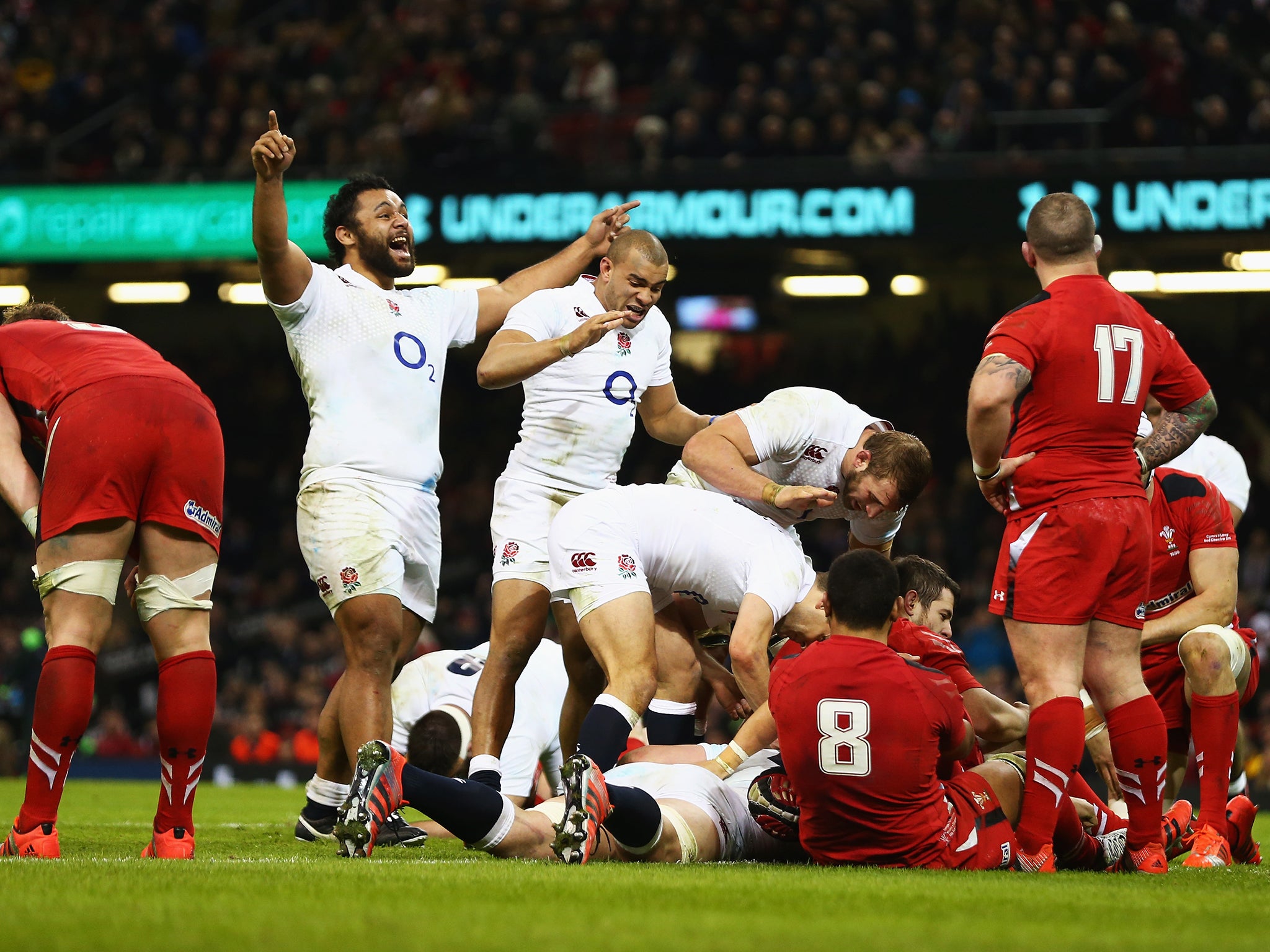 Billy Vunipola of England celebrates a try which was later ruled out
