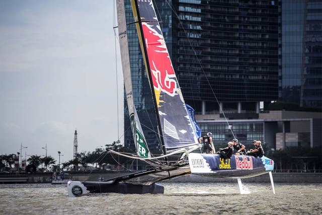 They have been trying for the last five years but Roman Hagara’s Red Bull team finally topped the podium at the Singapore 2015 opener of the Extreme Sailing Series.