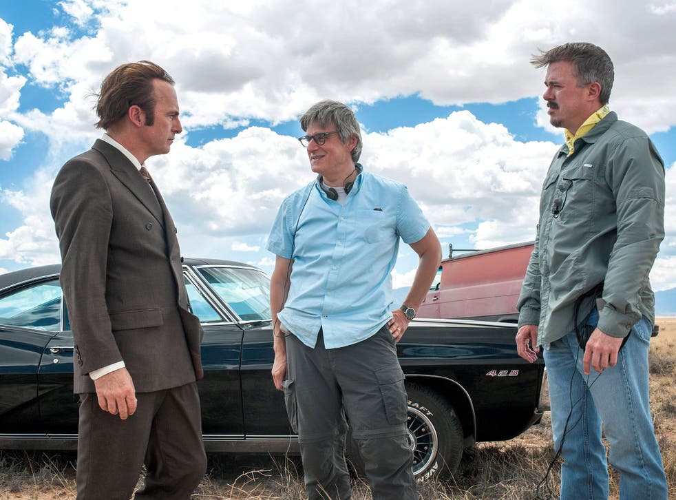 From left: Bob Odenkirk, who plays Saul Goodman, with writers Peter Gould and Vince Gilligan on the set of ‘Better Call Saul’