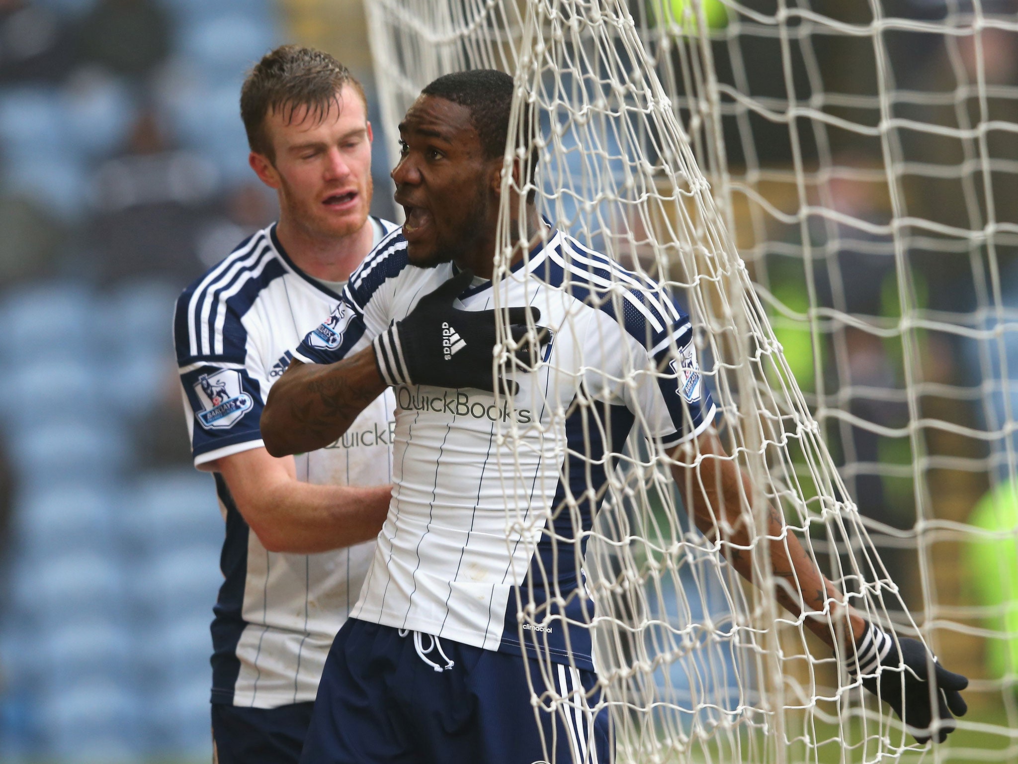 West Brom striker Brown Ideye celebrates scoring the equaliser against Burnley