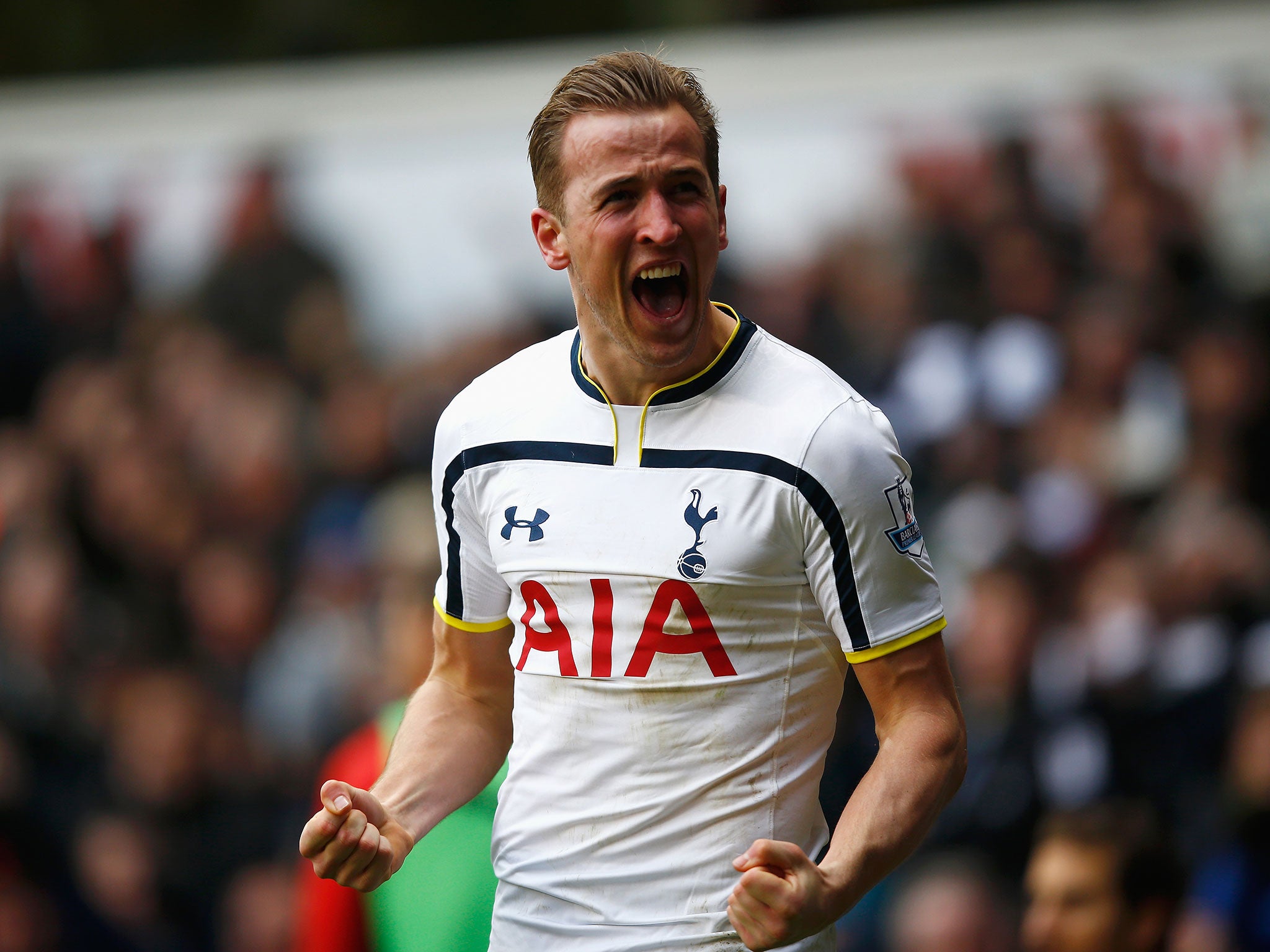 Tottenham striker Harry Kane celebrates scoring against Arsenal