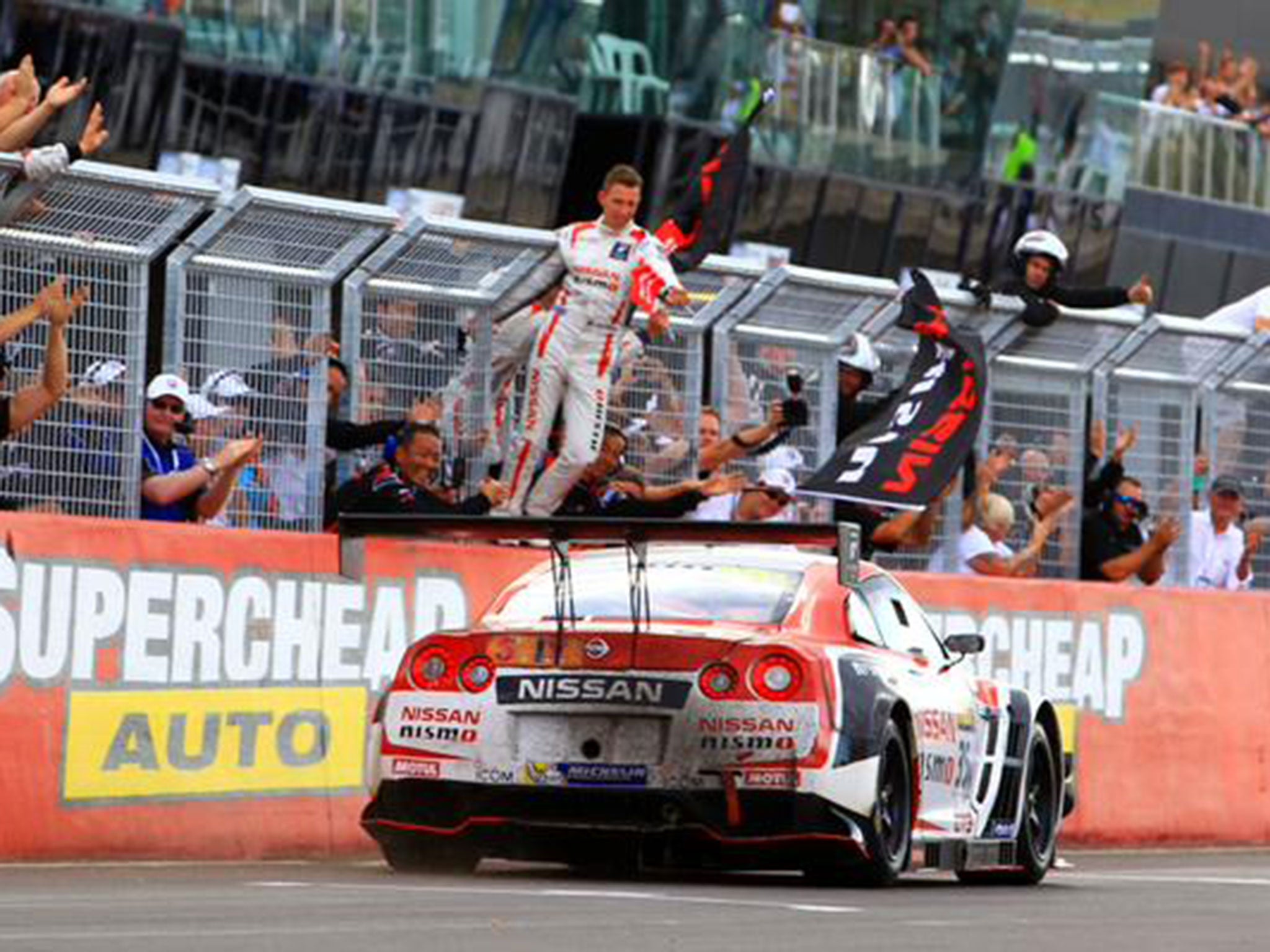 Katsumasa Chiyo crosses the line to take victory in the Bathurst 12 Hours