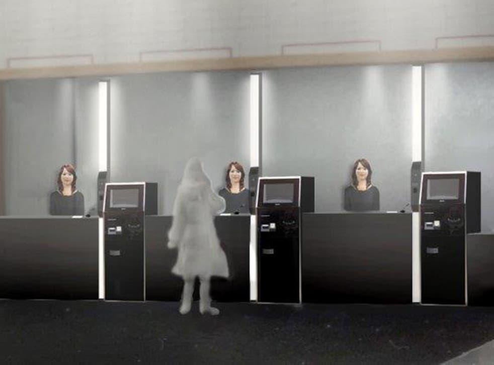 The robot assistants greet guests at the hotel, in this artist's visualisation of how it will look