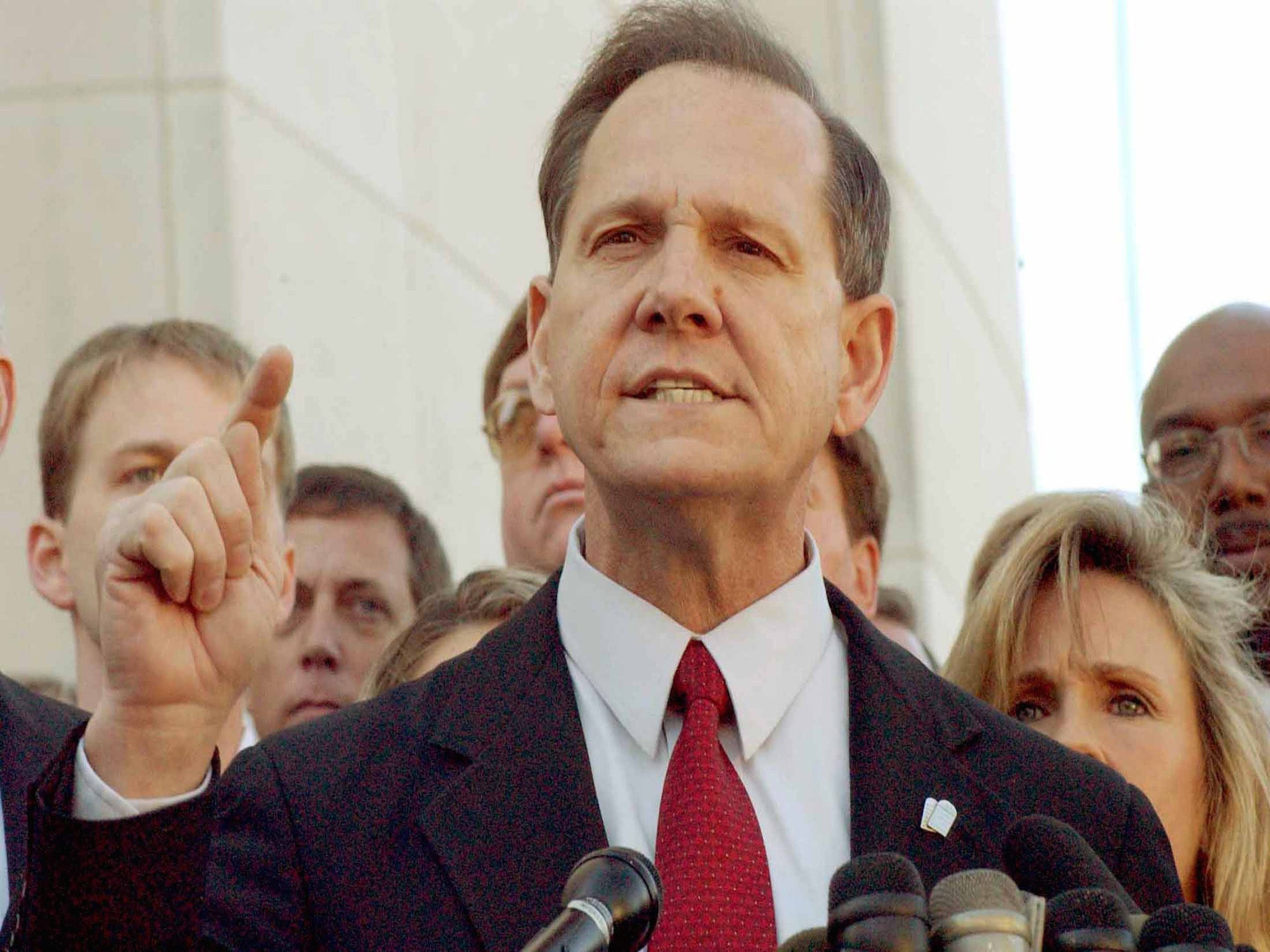 Roy Moore was forced to stand down in 2003 after refusing to remove a statue of the Ten Commandments from his court. He was later reelected