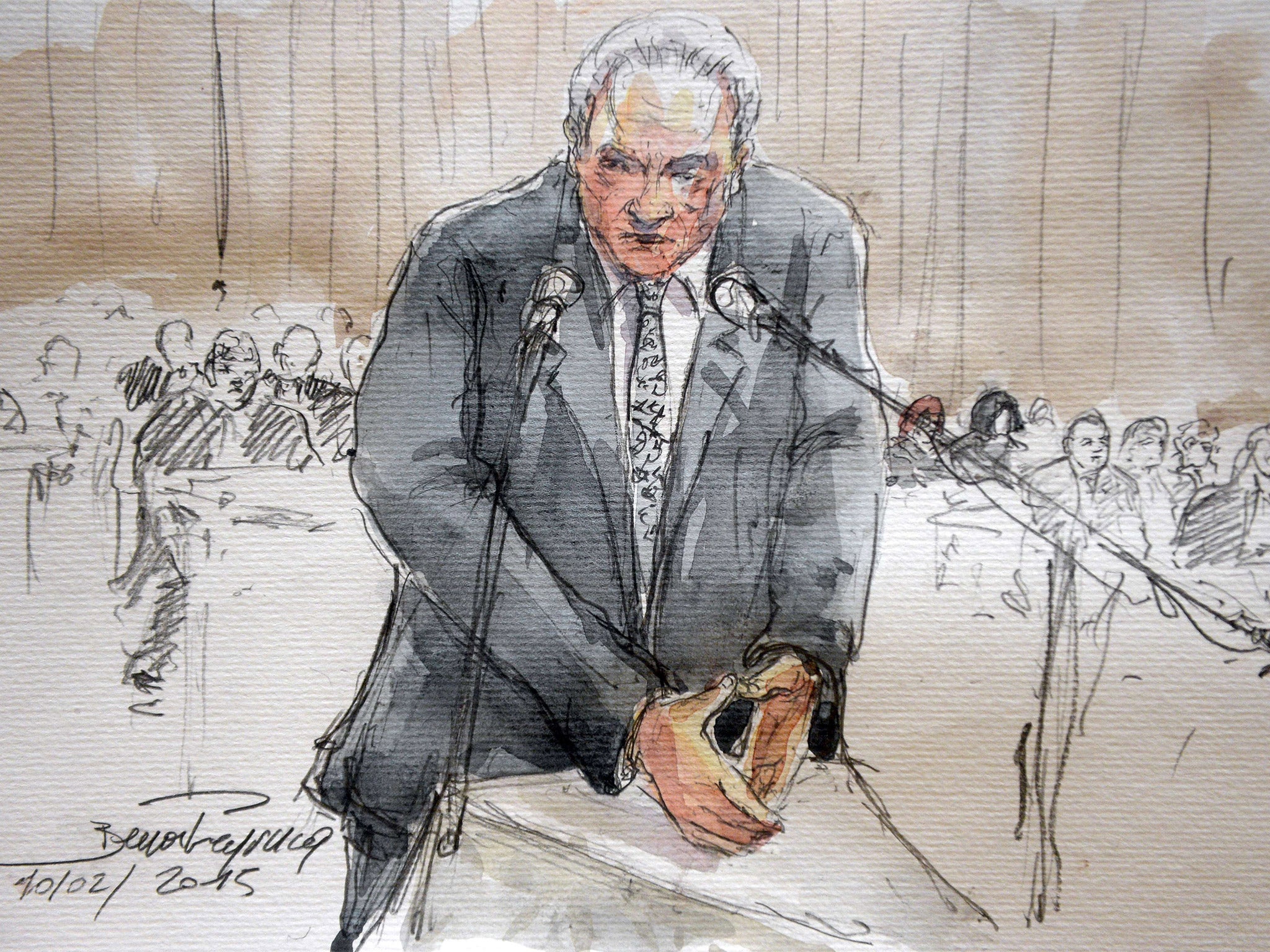 A court sketch of Dominique Strauss-Kahn testifying at Lille’s courthouse