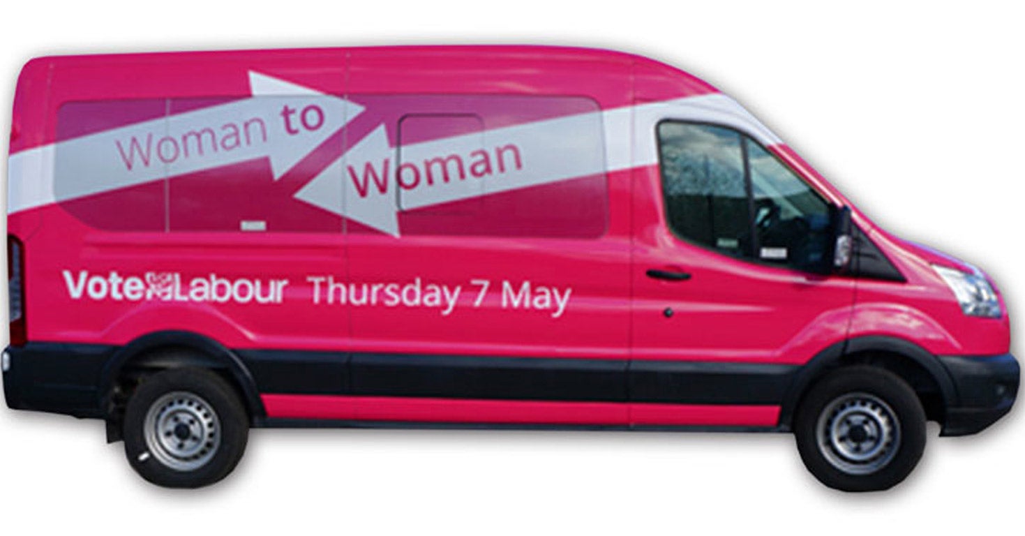 The 'burgundy end of pink' mini-bus which will be used to launch the Woman to Woman campaign (PA)