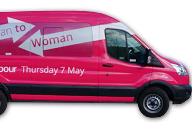 The 'burgundy end of pink' mini-bus which will be used to launch the Woman to Woman campaign