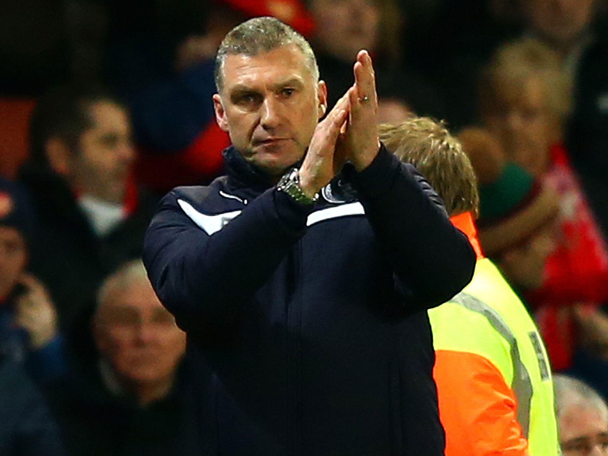 Nigel Pearson reacts after Leicester's loss at Arsenal