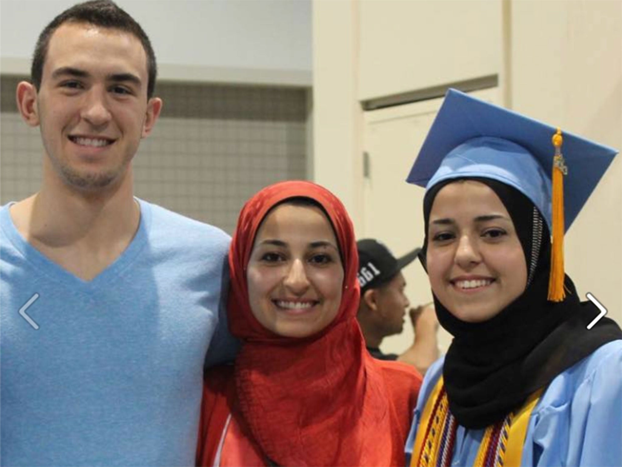 The victims of the shooting, from left to right: Deah Shaddy Barakat, 23, his wife Yusor Mohammad, 21, and her sister, Razan Mohammad Abu-Salha, 19