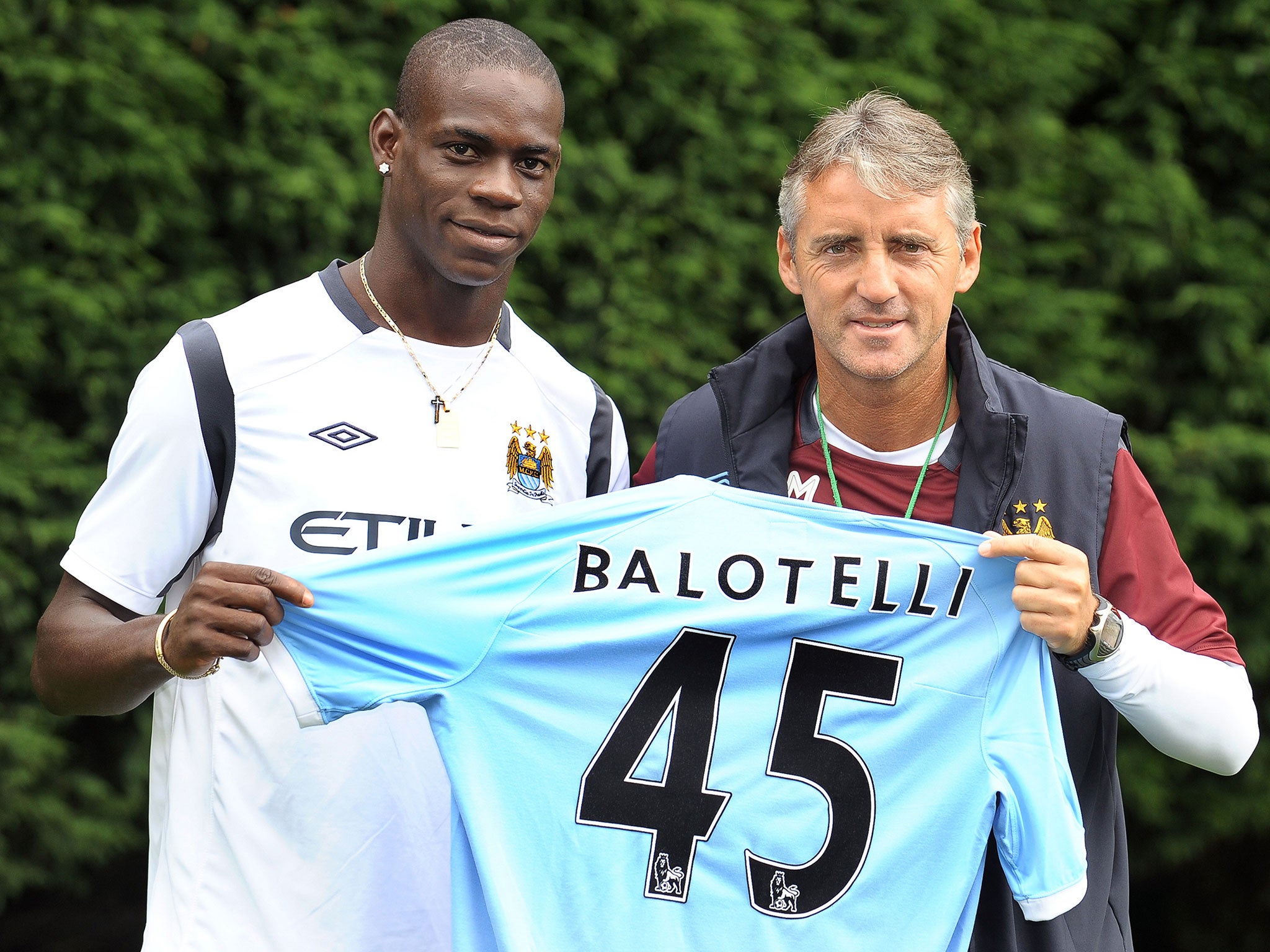 Balotelli is unveiled as a City player alongside Mancini