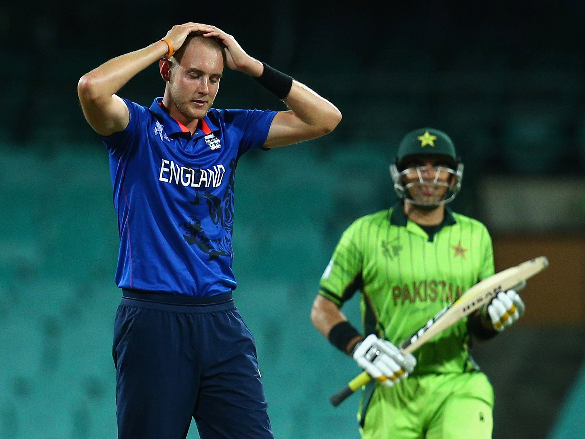 Stuart Broad of England reacts after the winning runs are hit off his delivery