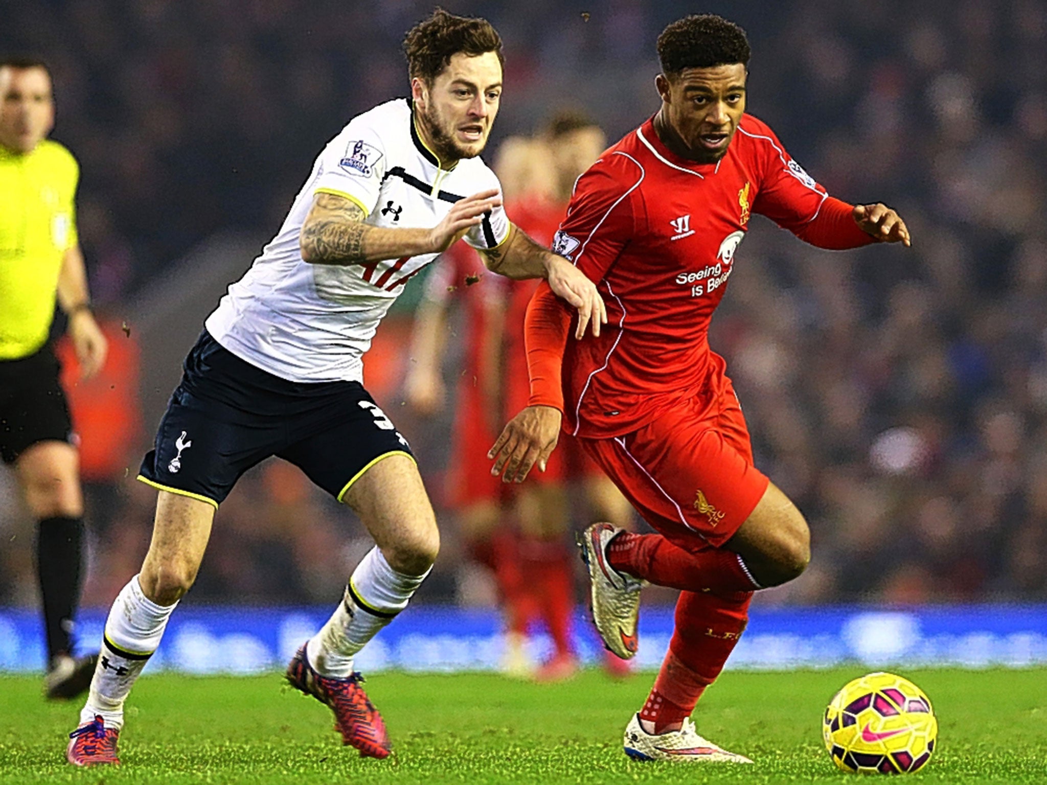 Liverpool’s Jordon Ibe (right) takes on Ryan Mason of Tottenham Hotspur on Tuesday night