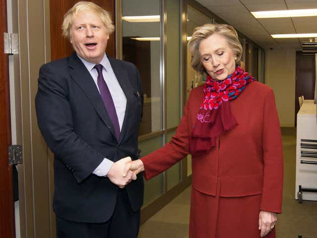 Mayor of London Boris Johnson meets Hillary Clinton at her offices in New York, on Wednesday