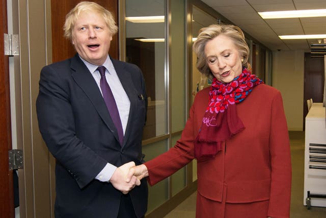 Mayor of London Boris Johnson meets Hillary Clinton at her offices in New York, on Wednesday