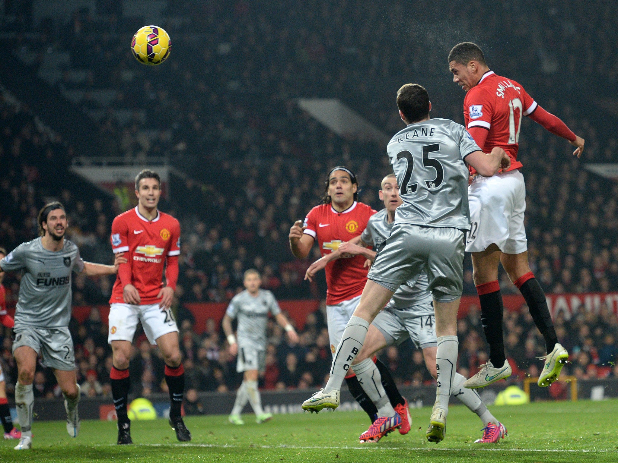 Chris Smalling heads in his second goal of the game