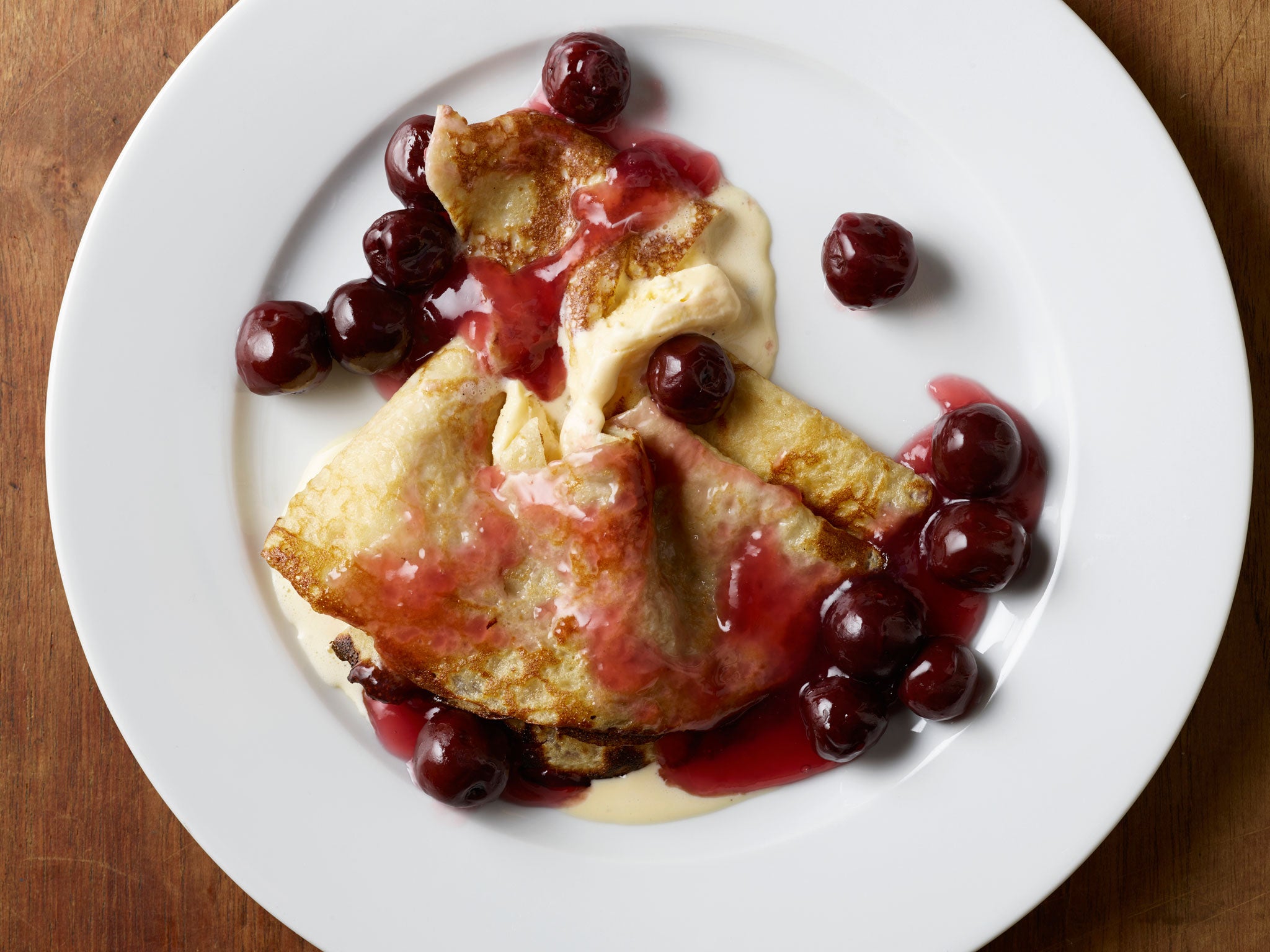 Fruity: Temperley pancakes are filled with ice-cream and topped with morello cherries