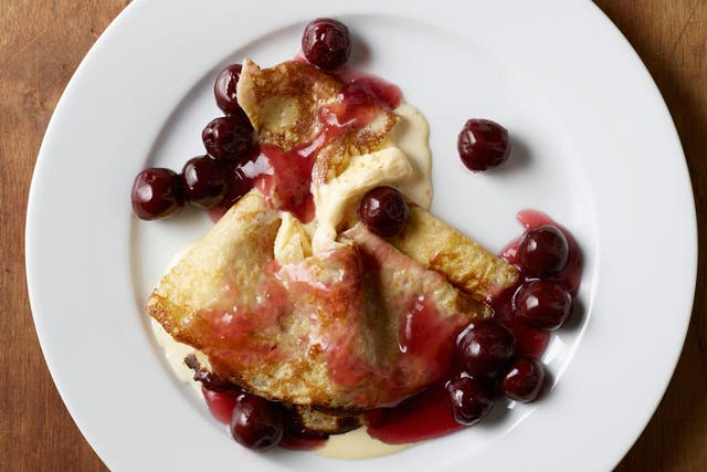 Fruity: Temperley pancakes are filled with ice-cream and topped with morello cherries