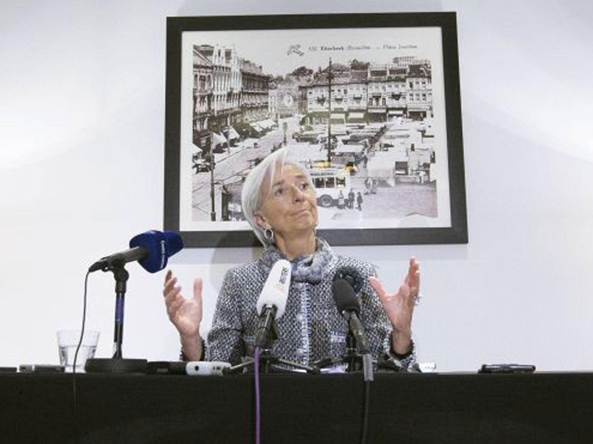 IMF managing director Christine Lagarde speaks about the situation in Ukraine at a news conference in Brussels