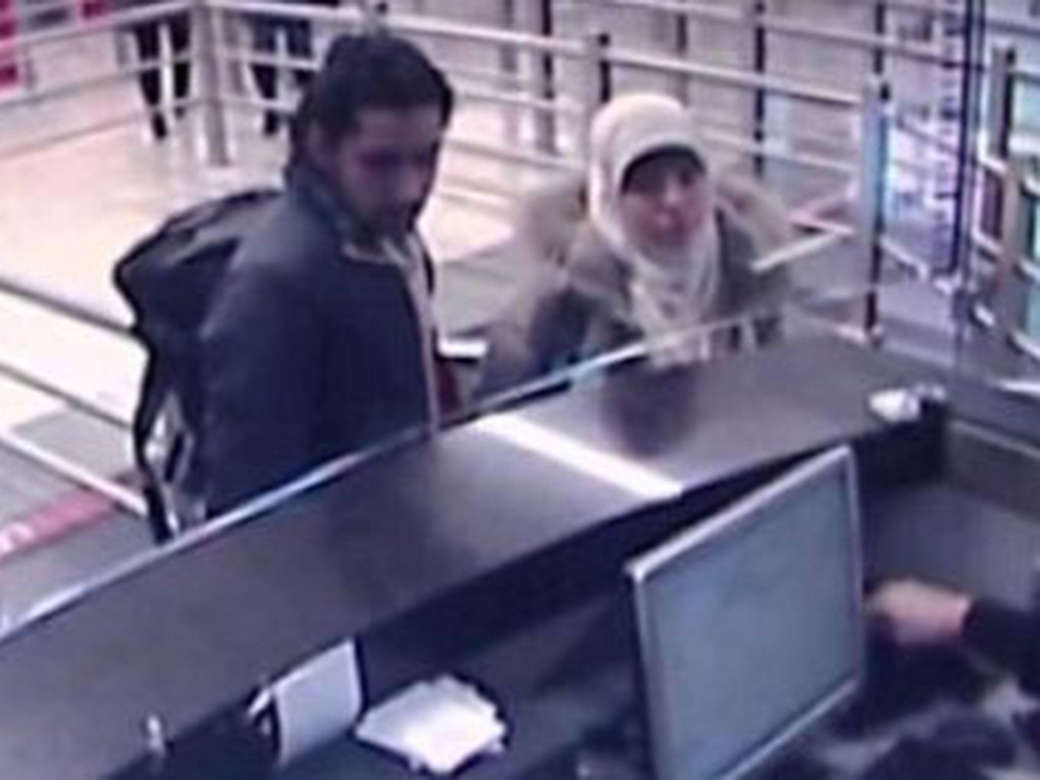 This security camera video footage shows Hayat Boumeddiene, and a male travel companion arriving at Istanbul's Sabiha Gokcen airport