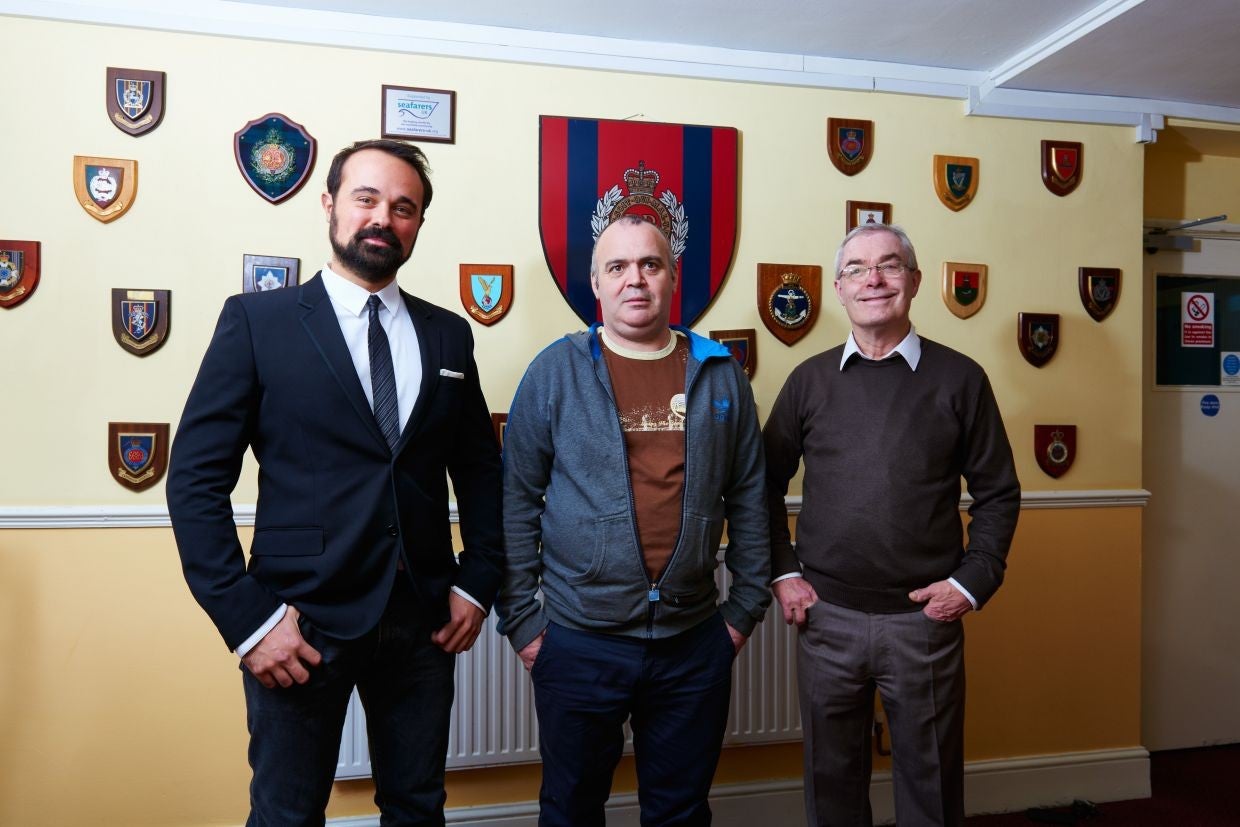Evgeny Lebedev (left) with veterans Gerald Connolly and Derek Ellerbeck at Veterans Aid's East London hostel