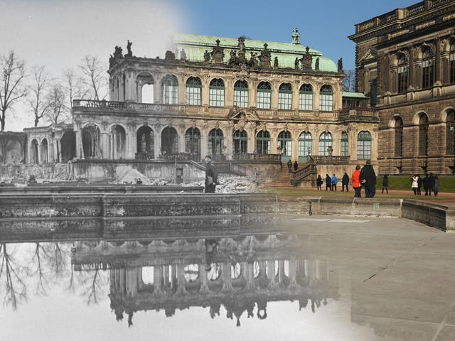 A composite image: A portion of the Zwinger art museum in 1946 still in ruins from the Allied firebombing of February 13, 1945 and people walk in the courtyard of the Zwinger art museum on February 12, 2015 in Dresden, Germany