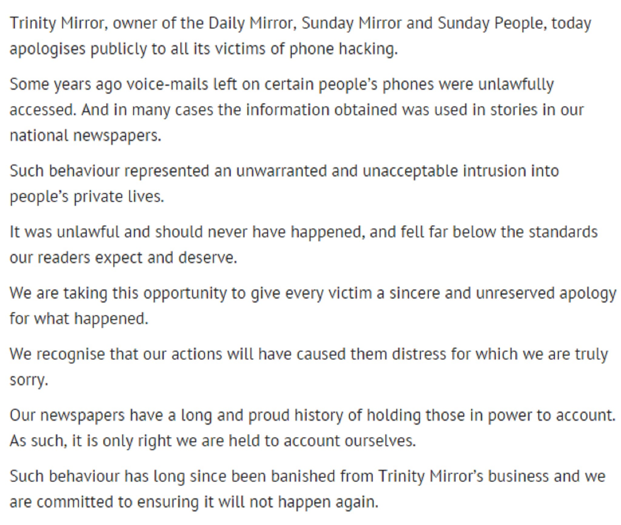 Trinity Mirror described their conduct as 'unacceptable'