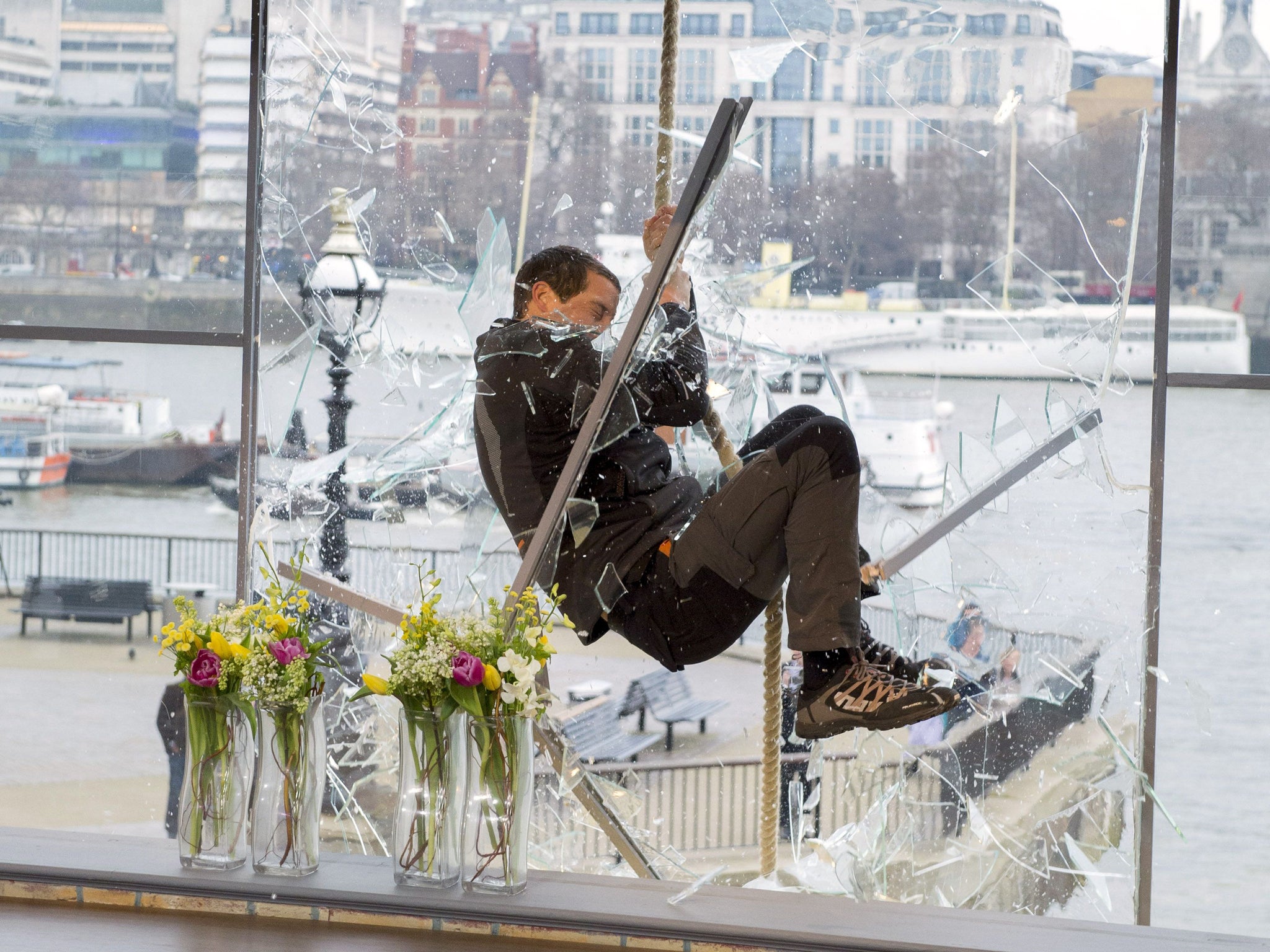 Bear Grylls swung through the windows of ITV's This Morning on Friday 13 February