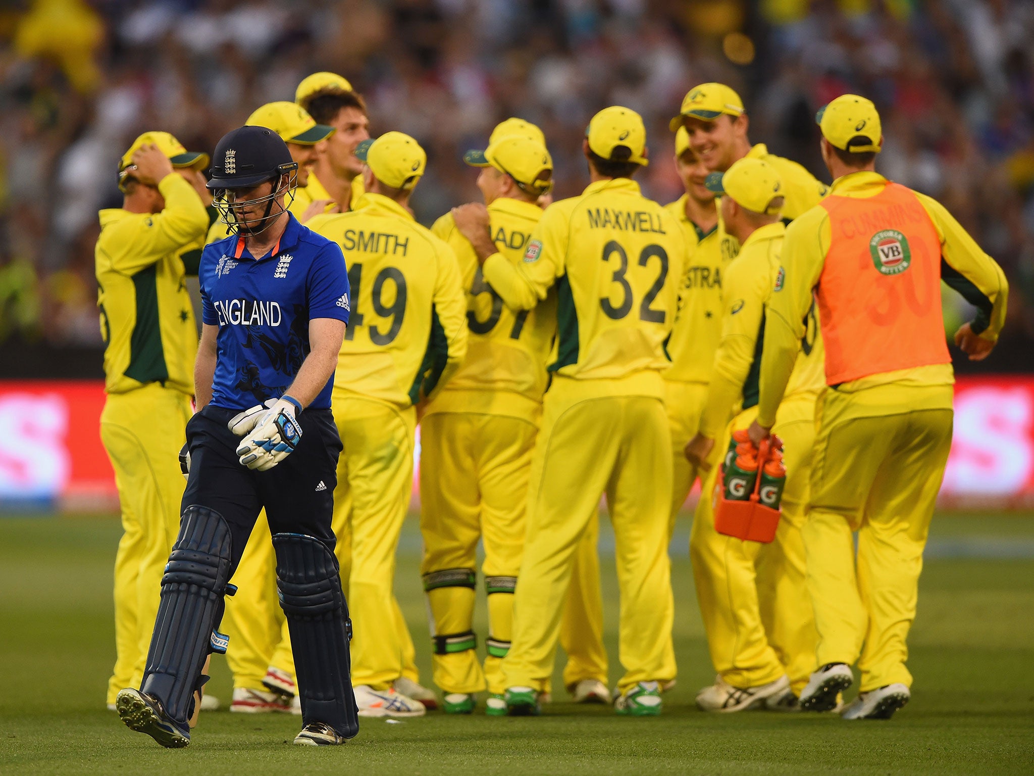 England captain Eoin Morgan heads back to the dressing room after losing his wicket to Mitchell Marsh