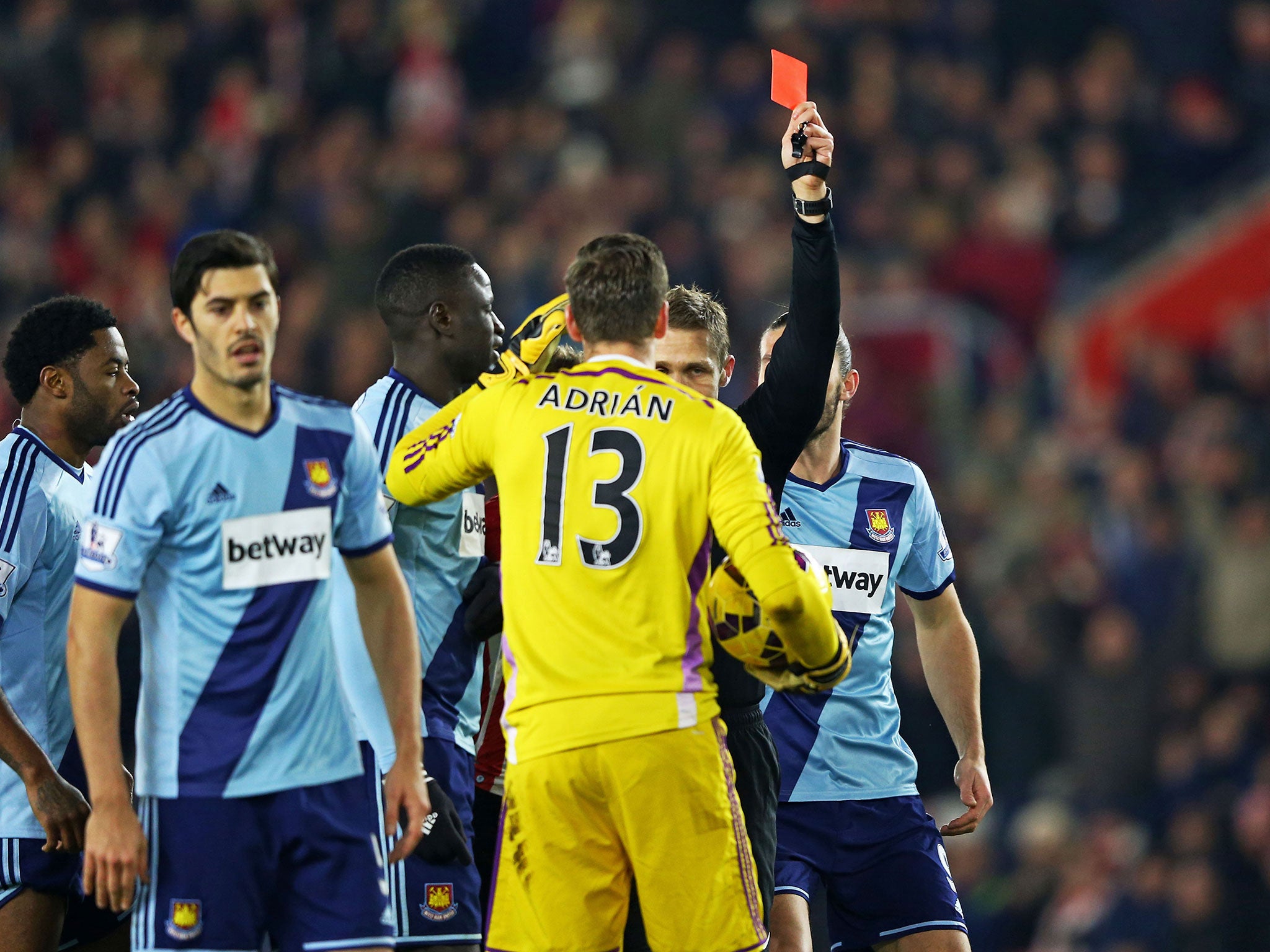 West Ham goalkeeper Adrian is sent off during the 0-0 draw with Southampton