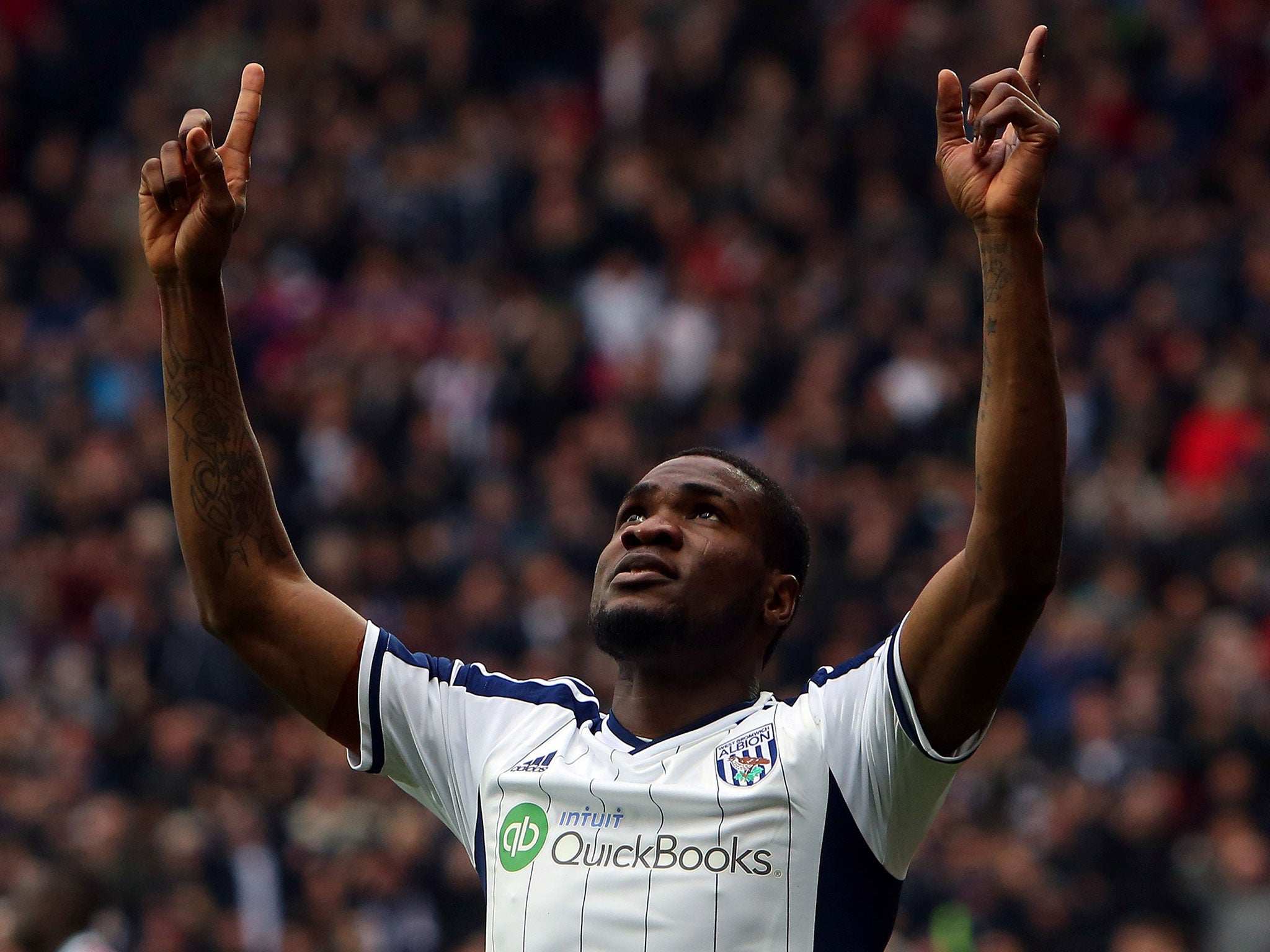 Brown Ideye celebrates his second goal for West Brom