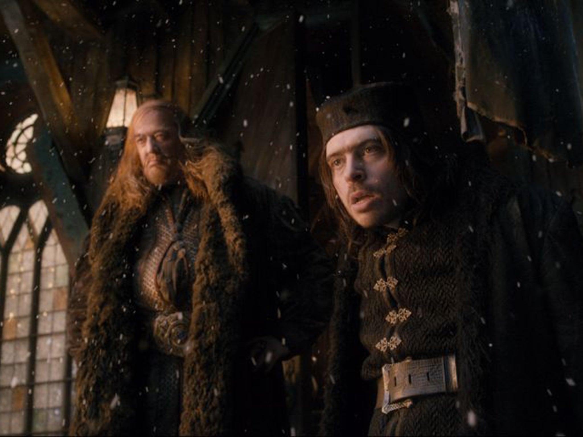 Stephen Fry, left, as the Master of Laketown in The Hobbit