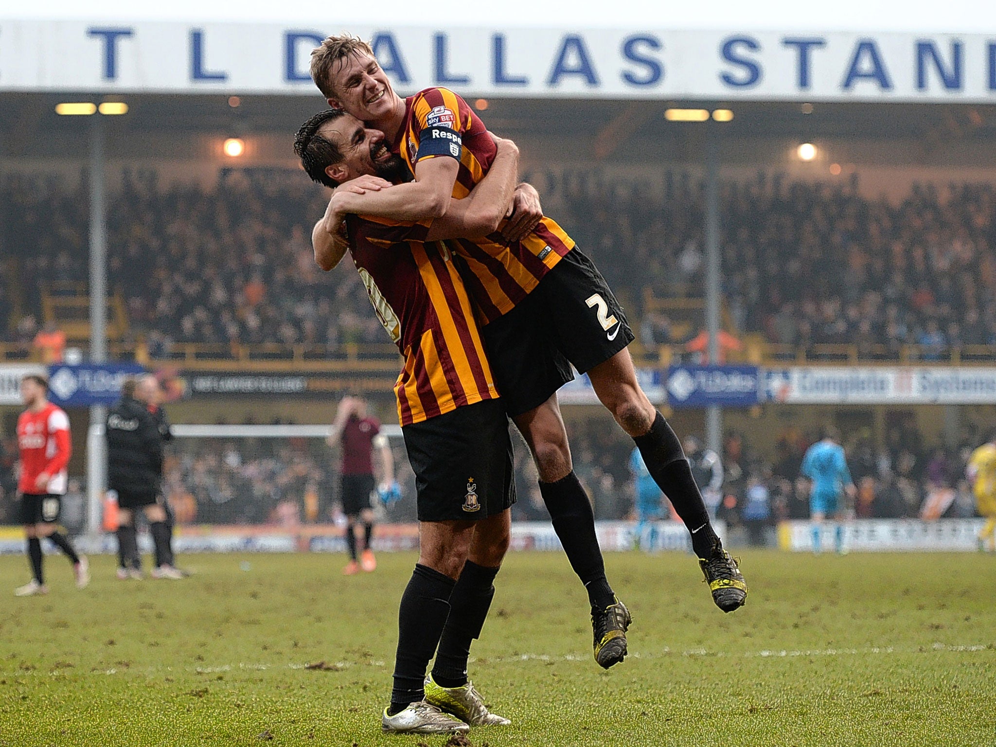 Bradford City’s Filipe Morais and Stephen Darby celebrate after knocking Premier League Sunderland out of the FA Cup