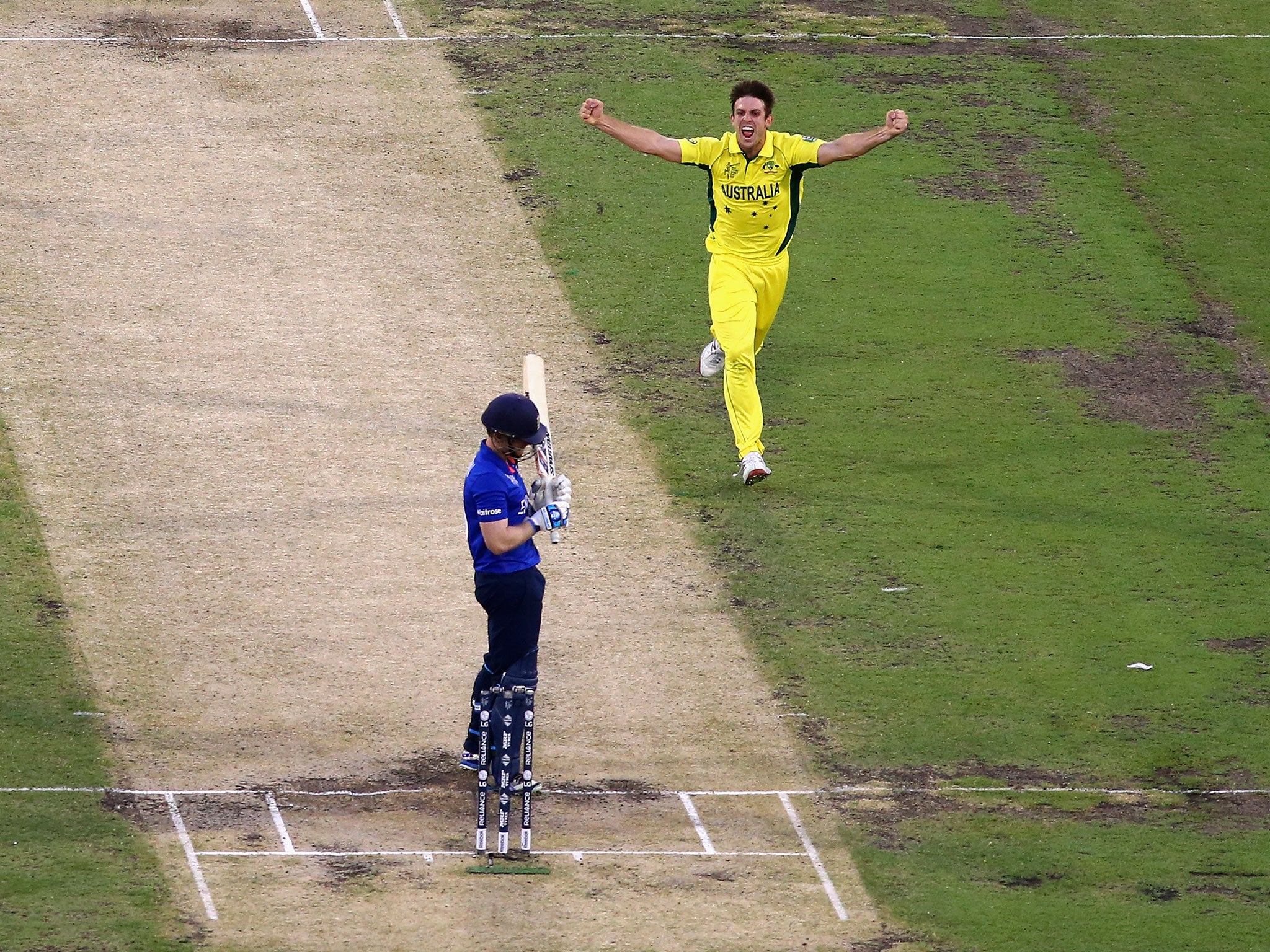 Mitchell Johnson celebrates after dismissing Morgan for a duck