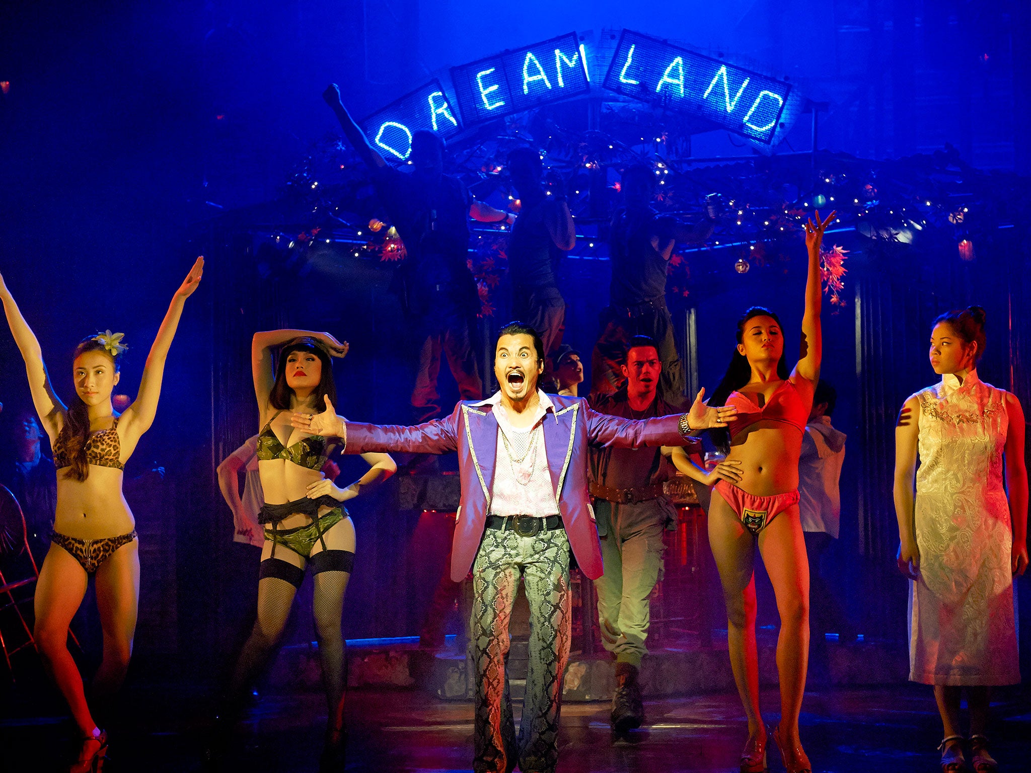 Kwang-Ho Hong as Thuy in ‘Miss Saigon’, which also features Rachelle Ann Go as Gigi, second from left, and Eva Noblezada, far right, as Kim