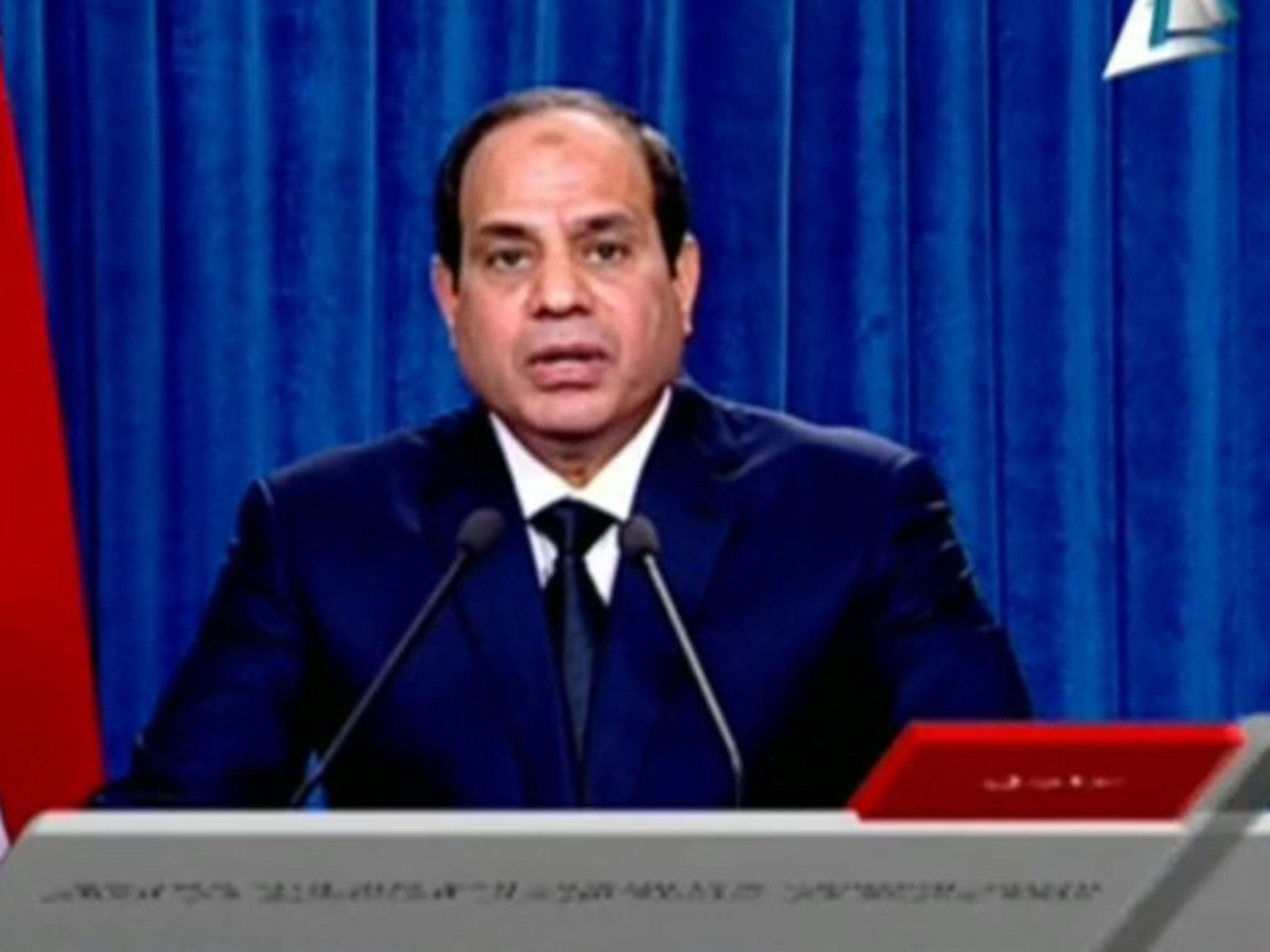 President Abdel Fattah al-Sisi speaks on Egyptian state TV after Isis released a video purporting to show the beheading of 21 Coptic Christian hostages