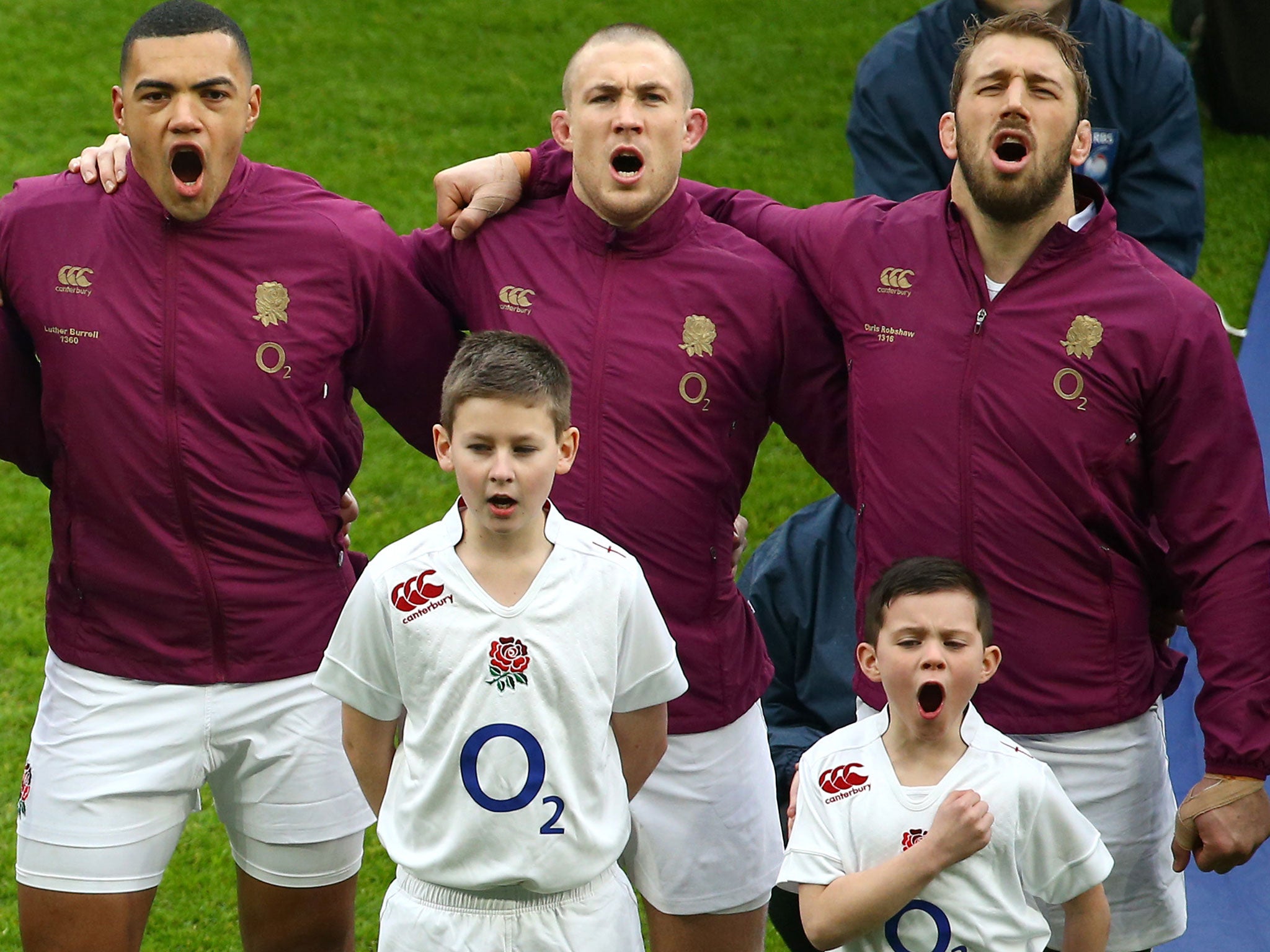 Burrell, Mike Brown and Chris Robshaw with mascot Harry Westlake