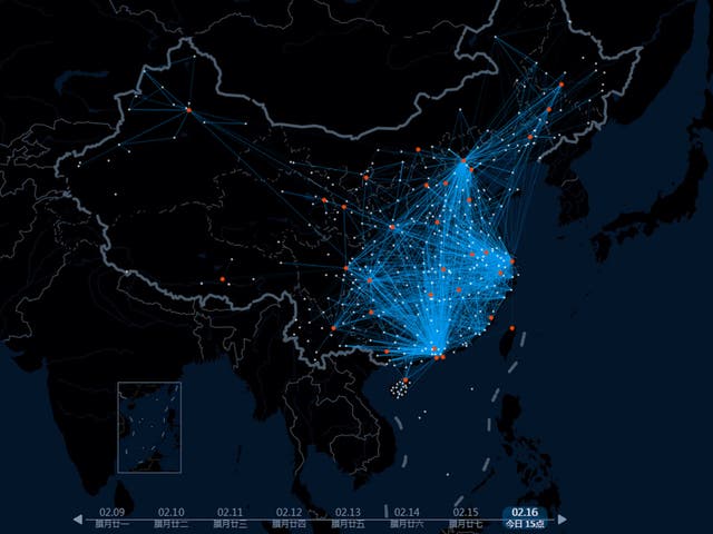 The map showing journeys in and out of major cities and towns in China today