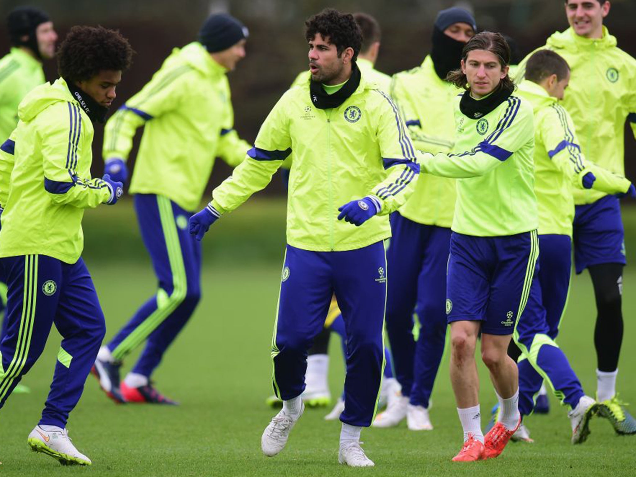 Diego Costa (centre) during Chelsea’s training session at Cobham on Monday