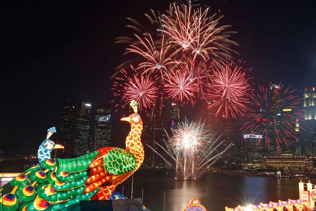 Fireworks explode at the River Hongbao Lunar New Year Celebrations along Marina Bay in Singapore. The Chinese Lunar New Year on February 19 will welcome the Year of the Sheep (also known as the Year of the Goat or Ram) 