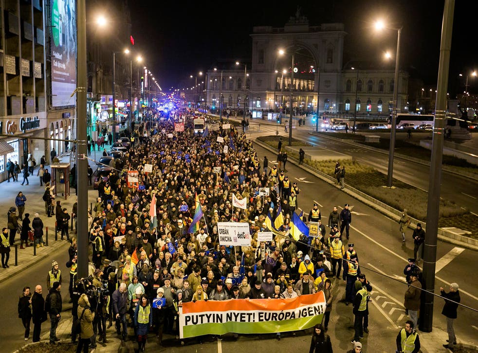 Followers of the Hungarian organization Human Platform protest against the visit of Russian President Vladimir Putin in Budapest, Hungary