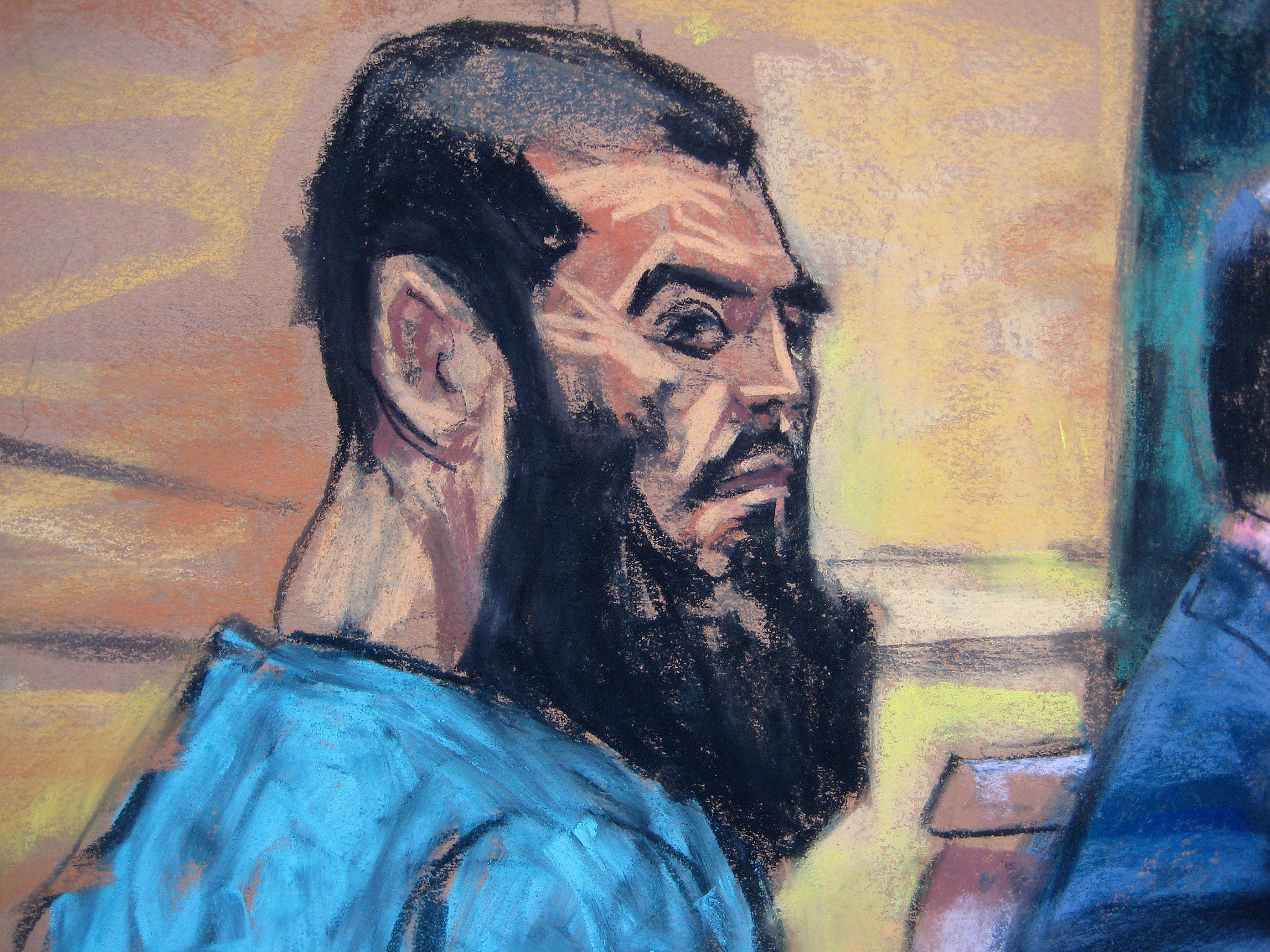A court sketch of Abdul Naseer at his first hearing in the US in 2013